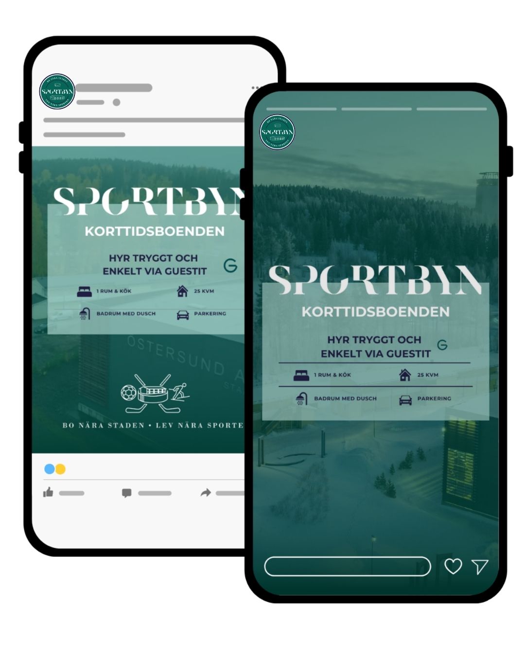 Mockupbild med två telefoner visandes instagraminlägg och story för Sportbyn